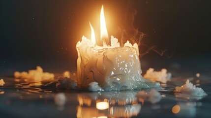 Melted white candle with flickering flame, surrounded by wax and smoke on dark reflective surface.