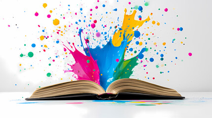 Open book bursts with vibrant colors representing imagination in a unique artistic display