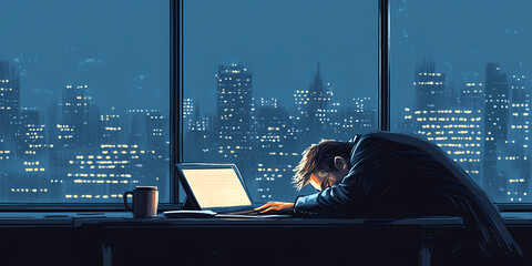 Man in suit exhausted at desk with city skyline view during late hours of night