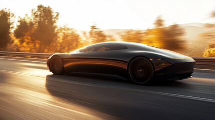 Obraz premium Sleek black electric car driving fast on highway at sunset.