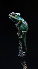 A vibrant green chameleon perched on a dark branch against a black background.