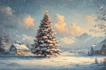 Enchanting winter wonderland snowy christmas tree and cozy cabins in a serene mountain landscape