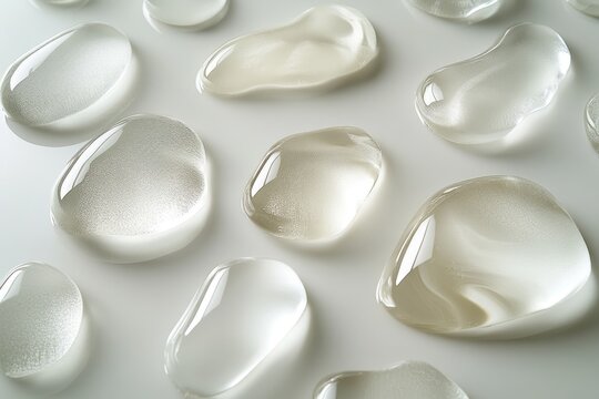 Close-up of translucent, amorphous shapes resembling water droplets on a light surface.