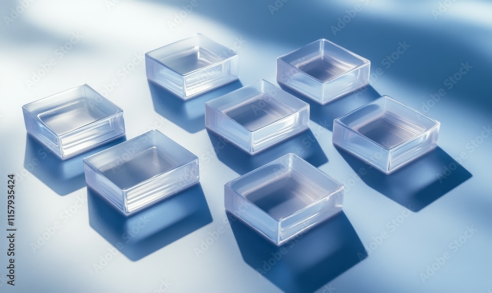 Poster translucent blocks on a blue surface. innovative tech aesthetic with copy space. 3d render.