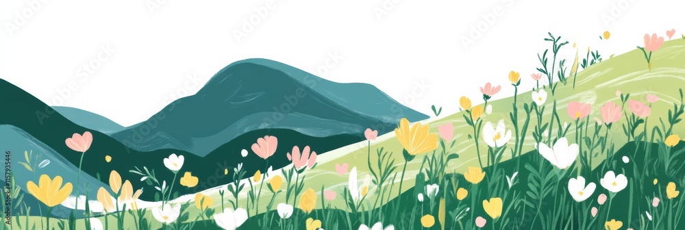 Poster doodle depicting serene mountain slopes with vibrant flowers and ample copy space for creative text 