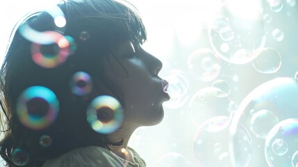 Girl blowing iridescent bubbles, backlit, profile view.