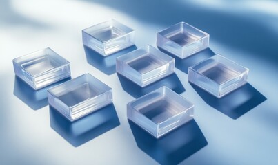 Obraz premium Translucent Blocks on a Blue Surface. Innovative Tech Aesthetic with copy space. 3D Render.