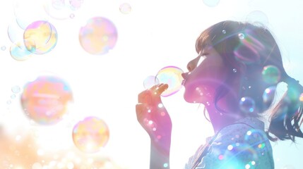 Young woman blowing bubbles outdoors on a sunny day.