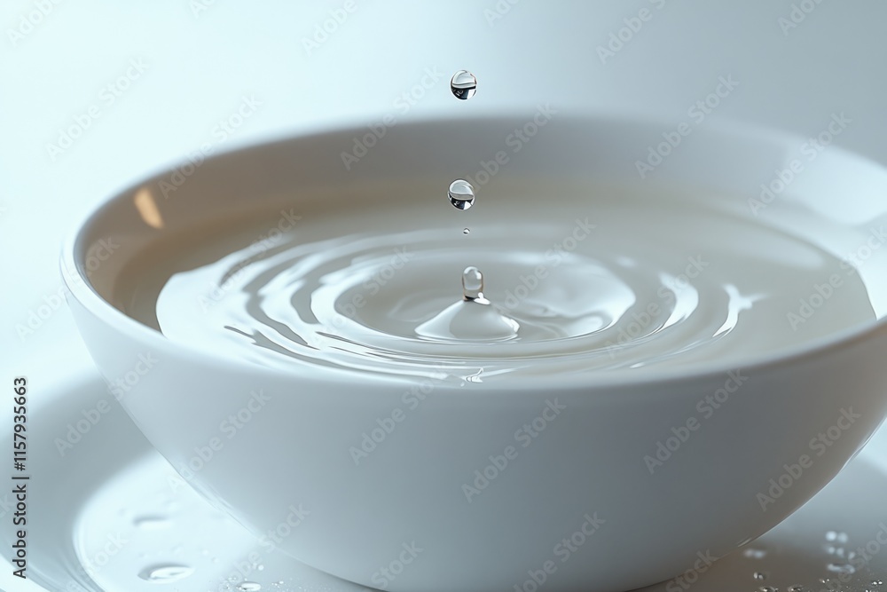 Poster water droplets falling into a bowl creating concentric ripples on the surface of the liquid.