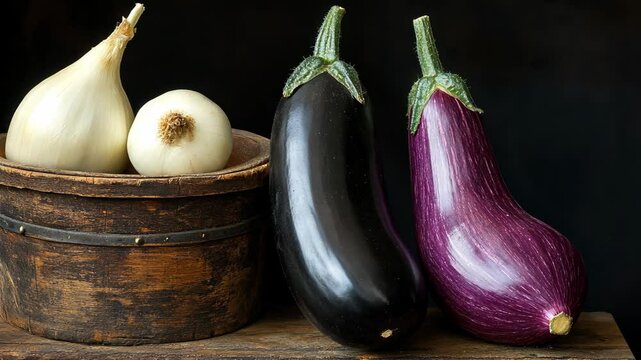 Fresh eggplants and onions on wooden table in a rustic kitchen setting