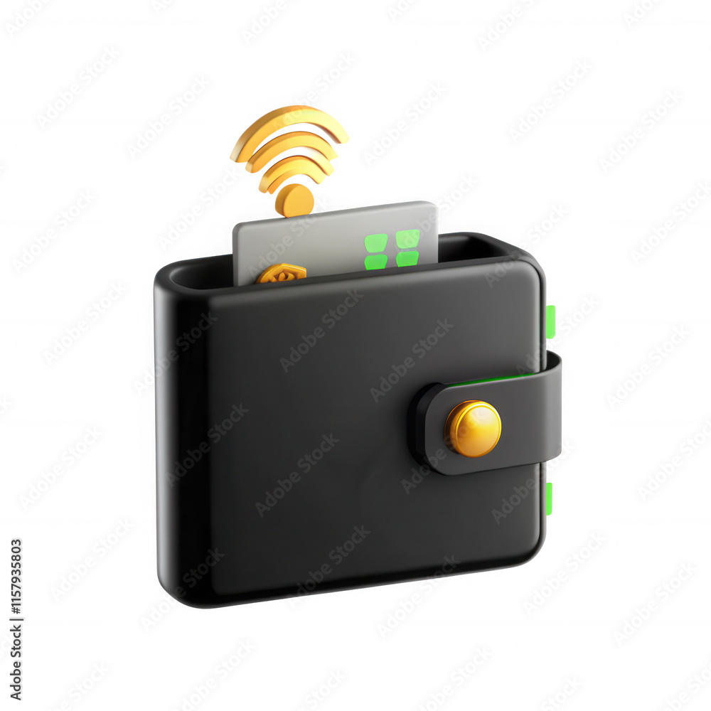Aufkleber a sleek 3d model of a black wallet displaying a contactless card and nfc signals, suitable for moder