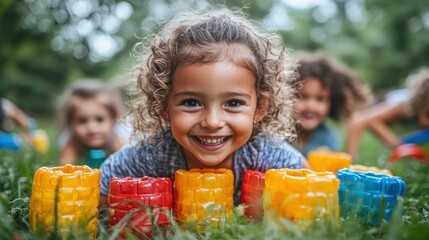 Fototapeta premium A joyful child playing outdoors with colorful stacking toys surrounded by friends.