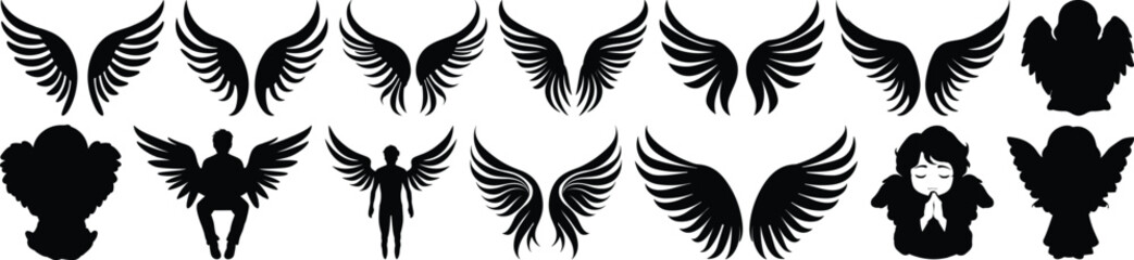 Fototapeta premium Angel silhouettes set, wing pack of vector silhouette design, isolated background