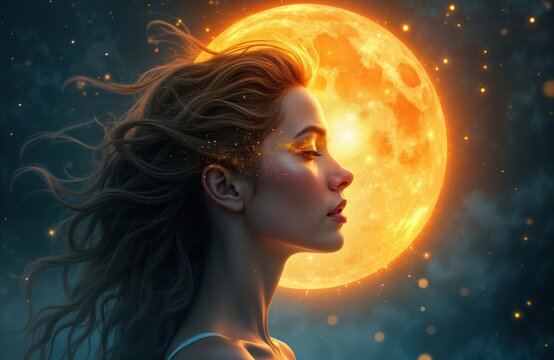 Female figure with long hair, moon, sun symbolism, represents spiritual duality, cosmic power, sacred feminine energy. Spiritual evolution, new age concepts evoked. Image embodies concepts of