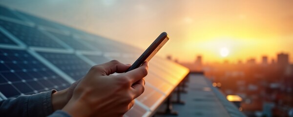 Male hands hold phone. Solar panels background. Sunset time. Urban setting. Eco tech. Renewable energy. Mobile use. Clean energy. Sustainable living. Photovoltaic tech. Resource saving. Alternative