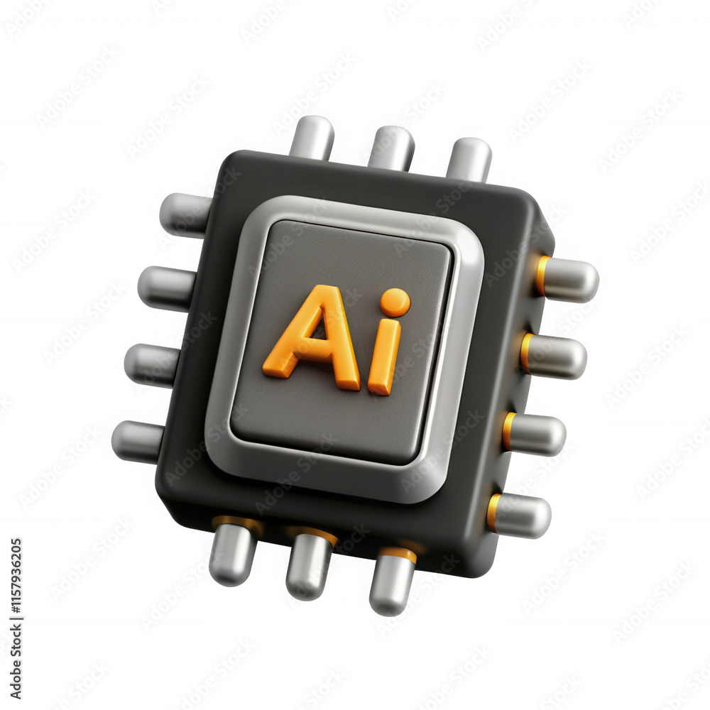 Poster a detailed 3d model of a microchip with the letters 'ai' prominently displayed in orange, showcasing