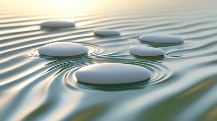 Smooth white stones floating on calm water at sunset, creating concentric ripples.