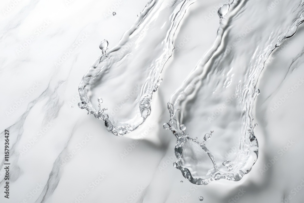 Poster two streams of water splash elegantly on a white marble background, creating a clean and refreshing 