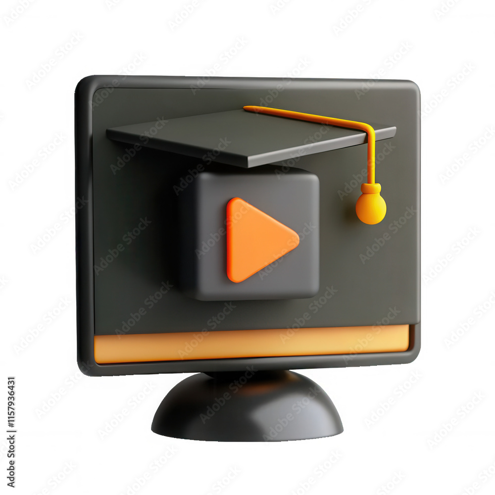 Poster a 3d rendered image of a black computer monitor featuring an orange play button and a graduation cap