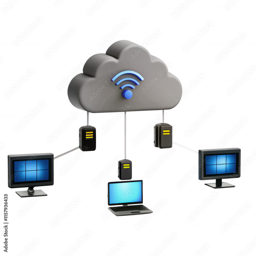 Poster a 3d model illustrating a cloud-based network connection with devices like laptops and servers, show