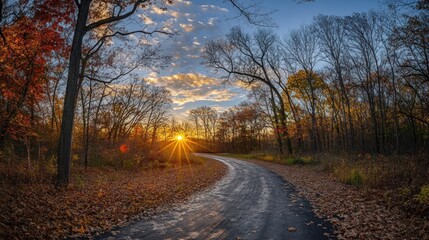 Obraz premium Scenic autumn road at sunset.