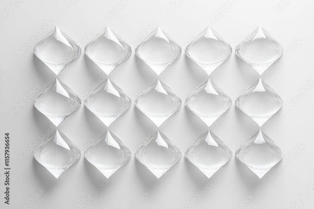 Poster a grid of sixteen transparent, teardrop-shaped objects arranged in a diamond pattern on a white back