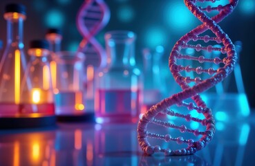 DNA helix genetic disease study. Test tubes surround DNA structure. Research, treatment of genetic diseases in lab. DNA mutations. Scientific equipment in lab. Modern bio research. Pro health care.