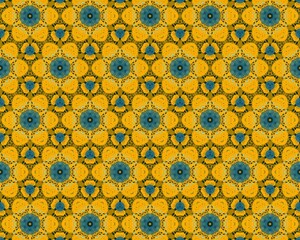 Seamless yellow and teal mandala pattern, perfect for textile, fashion, and website backgrounds.