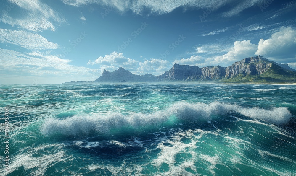 Poster vast ocean horizon with rolling waves crashing against jagged cliffs, sea foam swirling in intricate