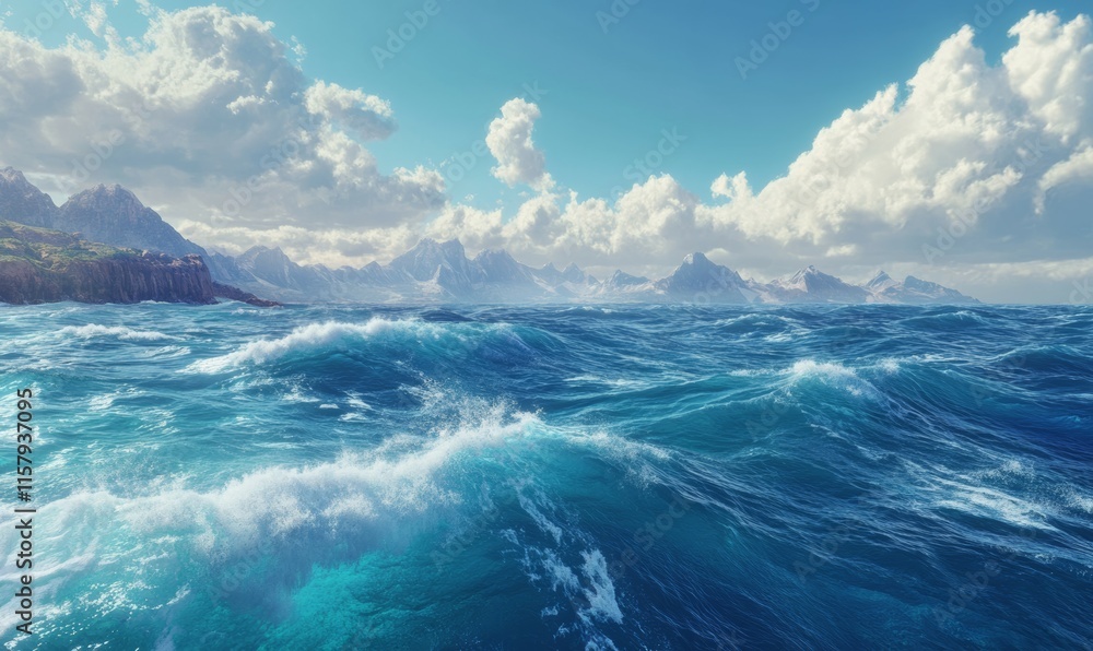 Poster vast ocean horizon with rolling waves crashing against jagged cliffs, sea foam swirling in intricate