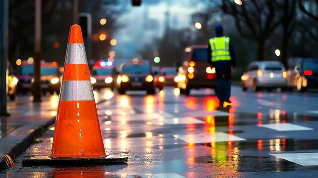 Traffic control during rainy evening with a construction cone and officer directing cars
