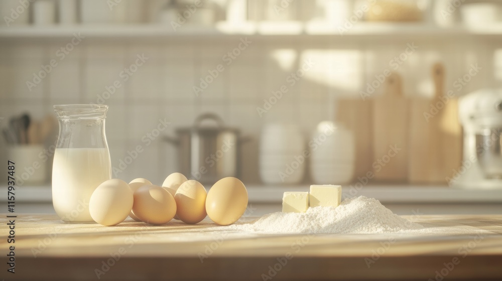 Poster fresh ingredients arranged on a wooden kitchen counter for baking tasty recipes with space for text 