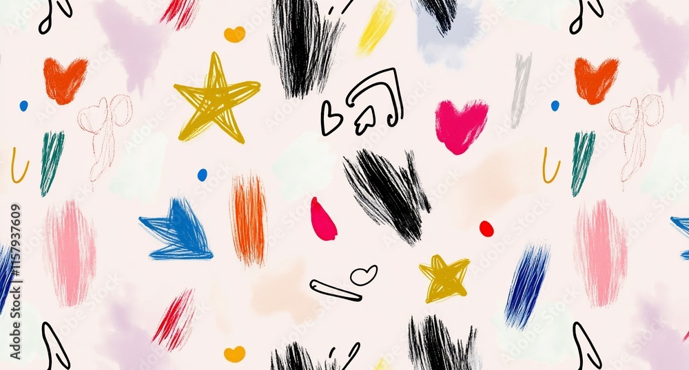 Poster a colorful abstract pattern featuring playful shapes and brush strokes.
