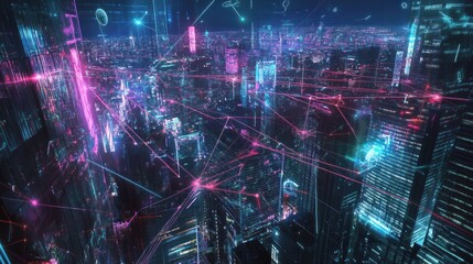 Futuristic cityscape with glowing network connections.