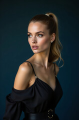 Naklejka premium Timeless Portrait of Woman in Black Silk Gown