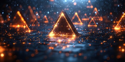 Illuminated geometric triangles floating on water digital art abstract environment atmospheric viewpoint