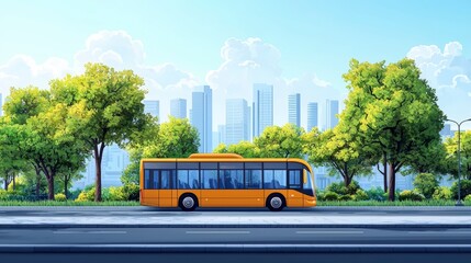 Obraz premium City Bus on a Sunny Day, Green Urban Landscape