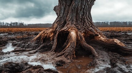 Old tree roots exposed in muddy field under a cloudy sky.