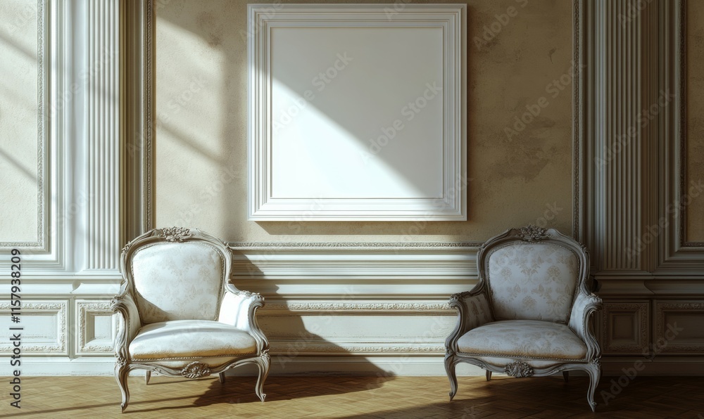 Aufkleber The interior design features two armchairs and an empty white picture frame in a 3D rendering.