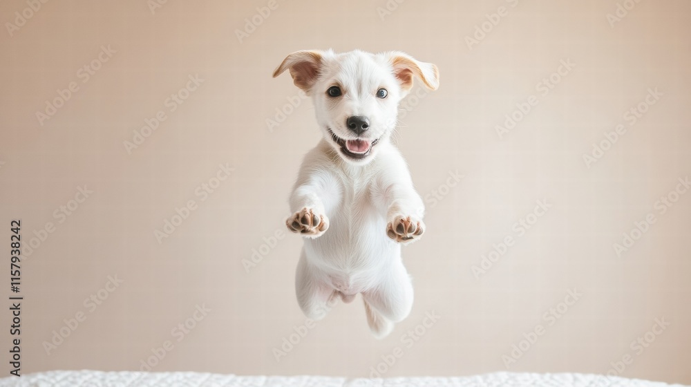 Poster Joyful puppy leaps in mid air with playful energy and excitement in a bright indoor space. Generative AI