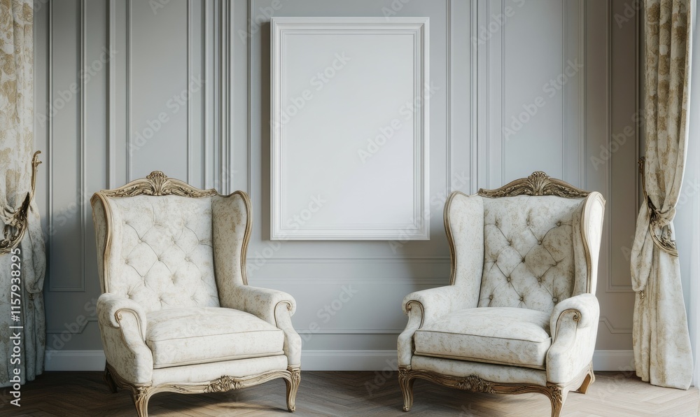 Aufkleber The interior design features two armchairs and an empty white picture frame in a 3D rendering.