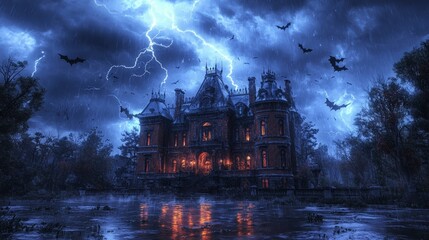 Stormy Night, Haunted Mansion, Bats Flying, Lightning Strikes