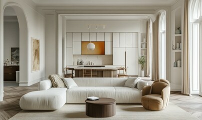 The interior design of the living room is white and beige with an empty wall background. A 3D rendering is shown.