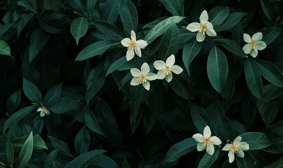 Obraz premium The Jasmine of poets, or common Seringa, Philidelphus coronarius, is characterized by its white flowers that stand out against its dark green foliage.