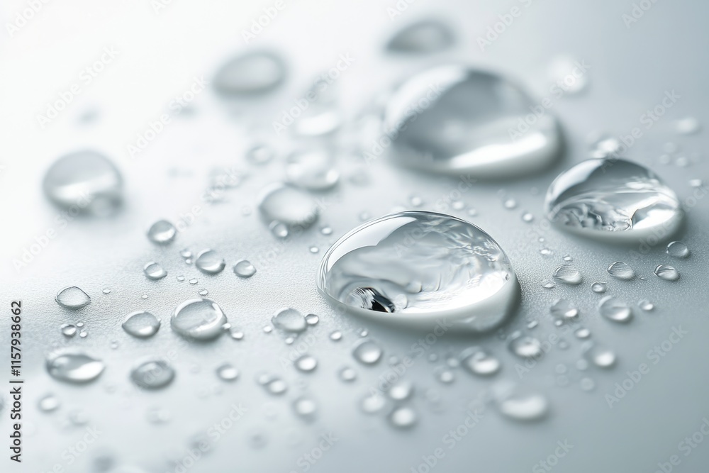 Poster close-up of water droplets on a smooth surface, showcasing their transparency and reflective propert