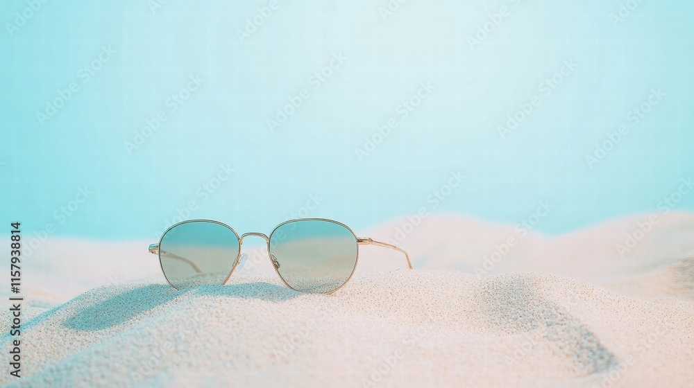 Poster sunglasses resting on fine sand with a soft blue background creating a serene, tranquil feel. genera