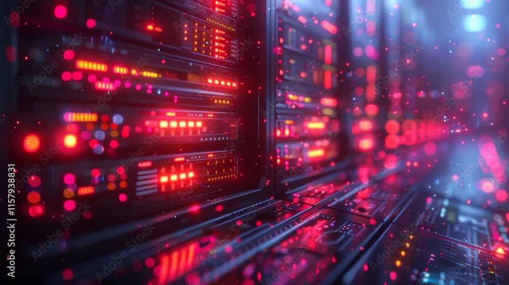 Poster curate a neon series of database symbols, including shimmering server