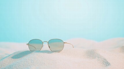 Sunglasses resting on fine sand with a soft blue background creating a serene, tranquil feel. Generative AI