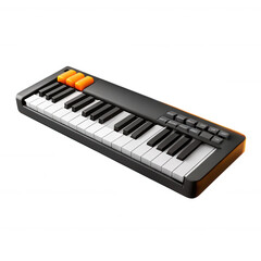 A sleek 3D-rendered keyboard with black and white keys. Features orange control buttons with a...