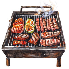 A watercolor vector painting of Argentine asado barbecue with grilled meat, isolated on a white background. Argentine asado vector.

